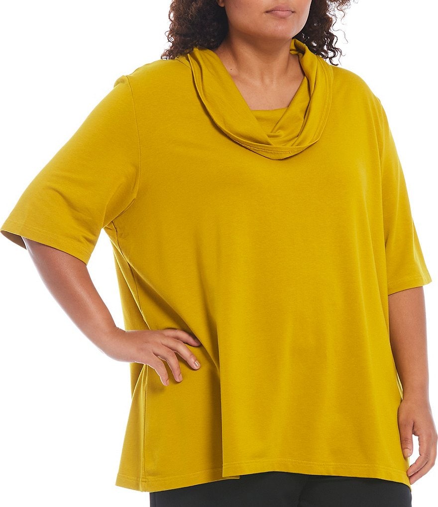 Bryn Walker Plus Size Enola Bamboo French Terry Elbow Sleeve Cowl Neck Tunic