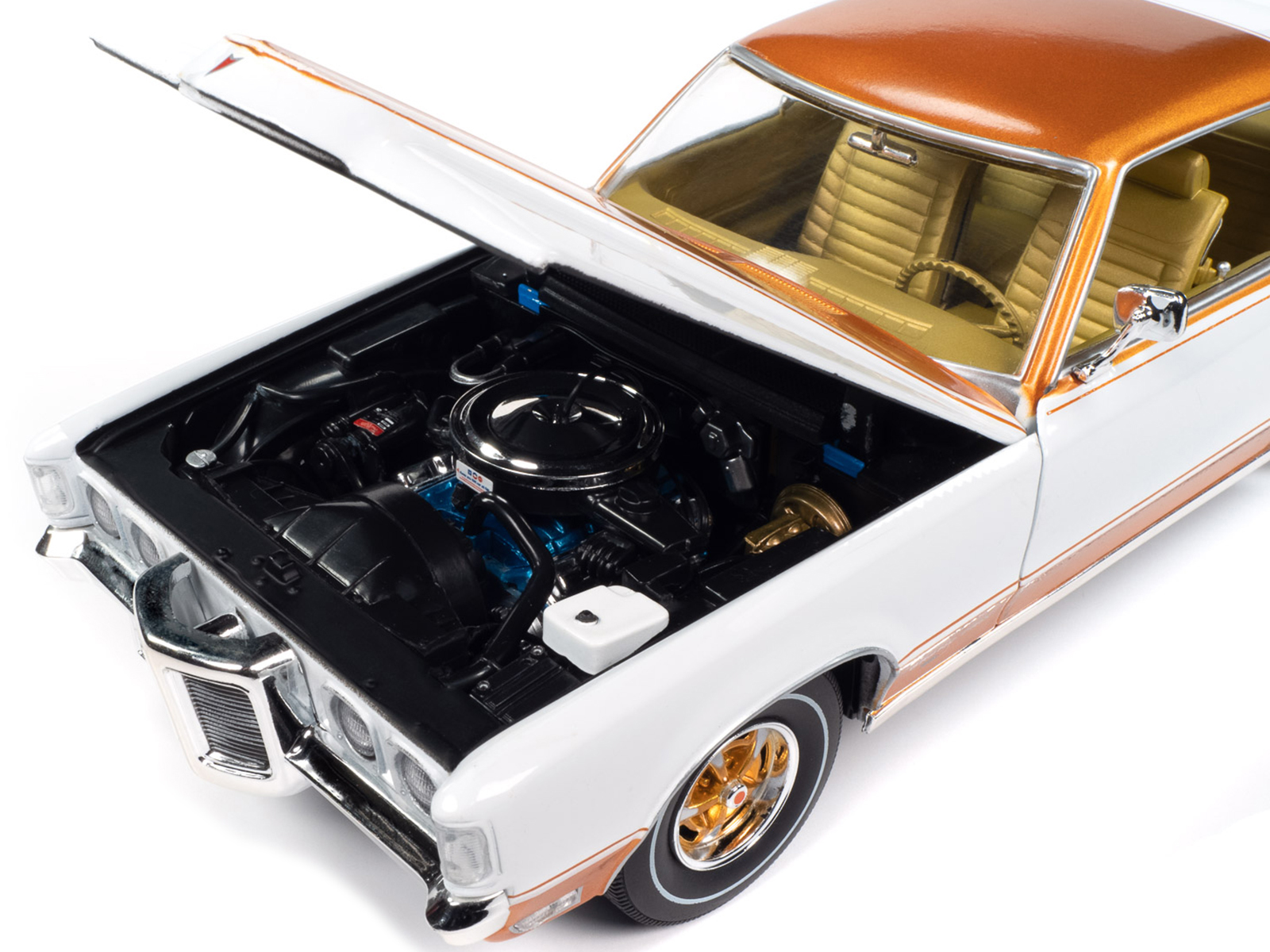 1969 Pontiac Royal Bobcat Grand Prix Model J Cameo White with Firefrost Gold Hood and Top with Gold Interior "American Muscle" Series 1/18 Diecast Model Car by Auto World