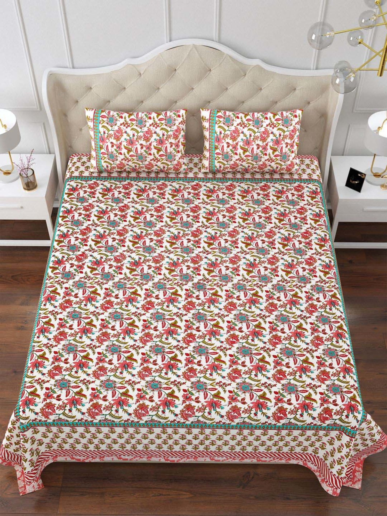 Aapno Rajasthan Rajmahal Blossom Rust & Green Cotton 140 GSM Double Bedsheet With 2 Pillow Cover