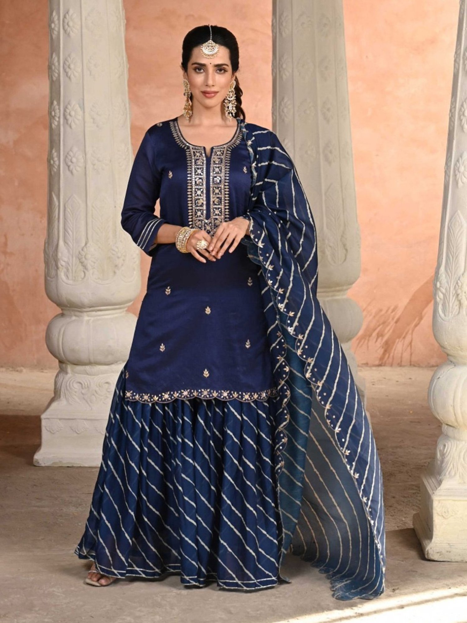 Mahee Jaipur Blue Mehak Lehariya Pure Chanderi Kurta with Sharara and Dupatta