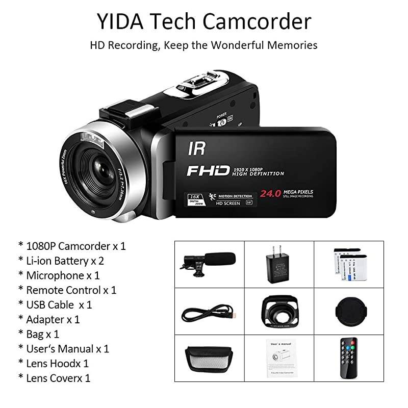 Camera 1080P Camcorder Full HD 30FPS 24MP Vlogging Camera for YouTube IR Night Vision 16X Digital Zoom Time Lapse Webcam YouTube Camera with Microphone Remote Control Lens Hood and 2 Batteries