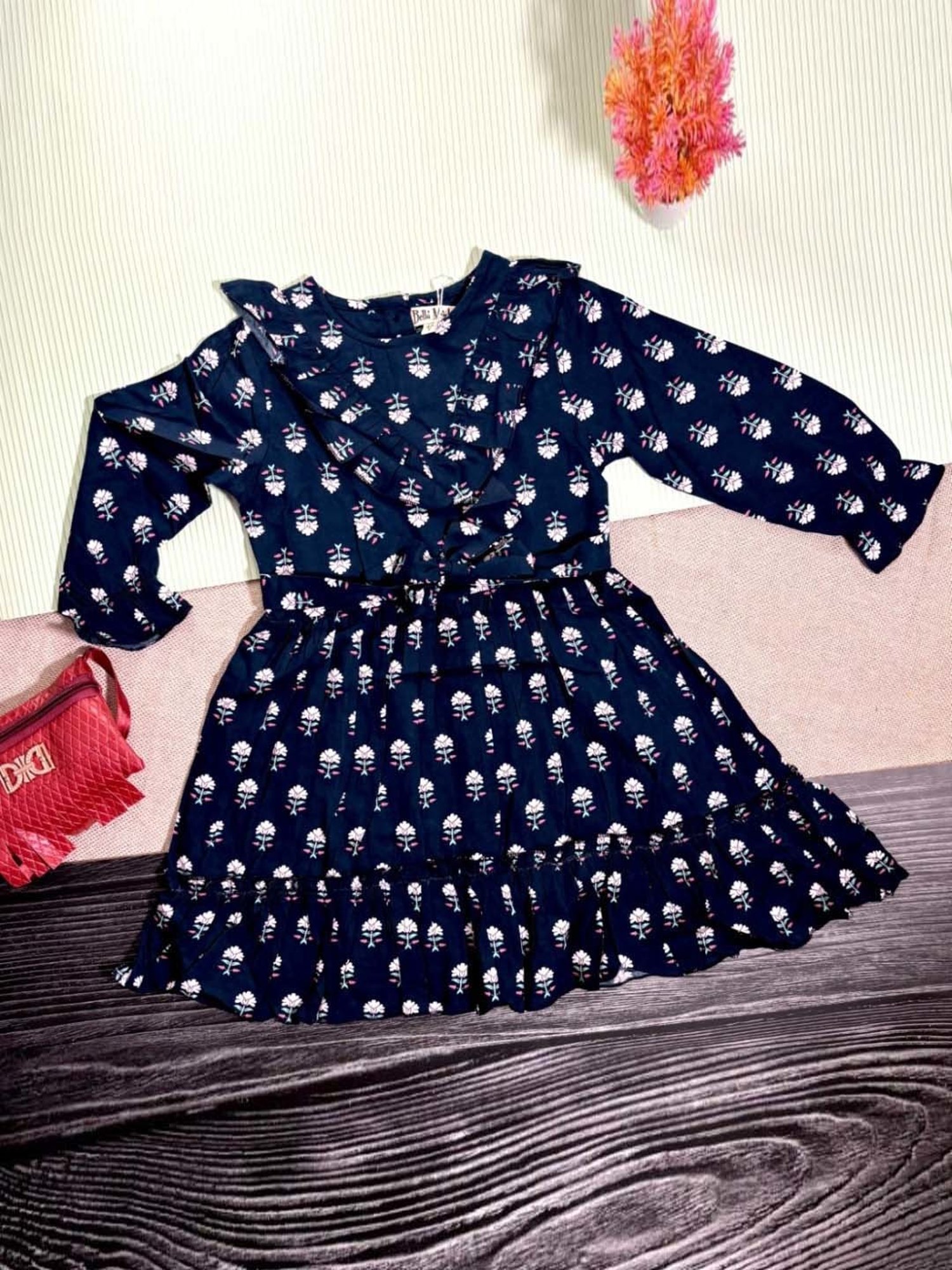 Bella Moda Kids Navy Cotton Floral Print Full Sleeves Dress