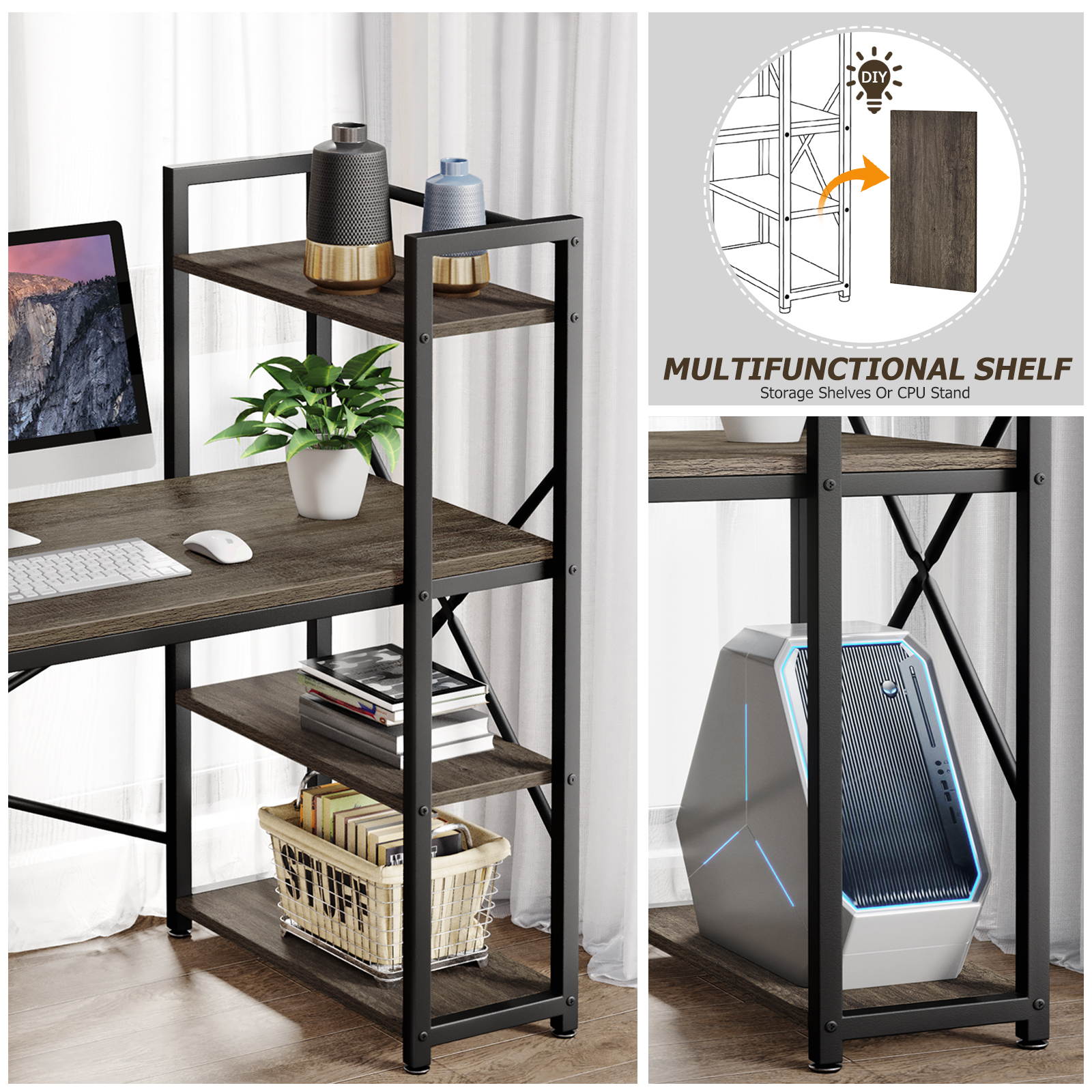 HOMEMAX Computer Desk with Shelves 55.1" Writing Study Table with Adjustable Storage Modern Home Office Desk with Reversible Bookshelf Rustic Gray