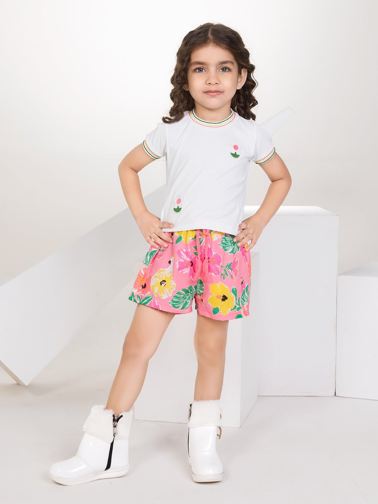Peppermint Kids White & Pink Floral Print Top with Shorts