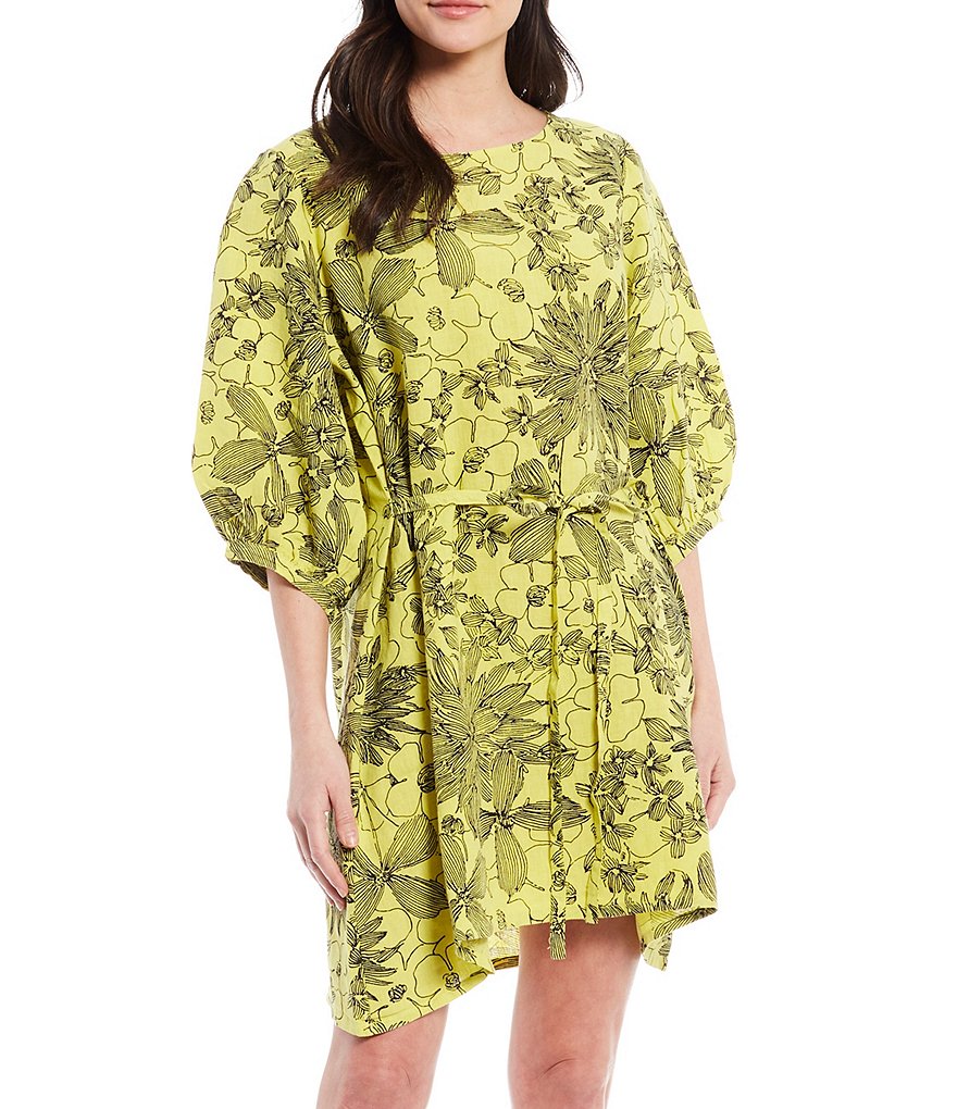 Bryn Walker Carina Short Puff Sleeve Floral Print Linen Shift Dress