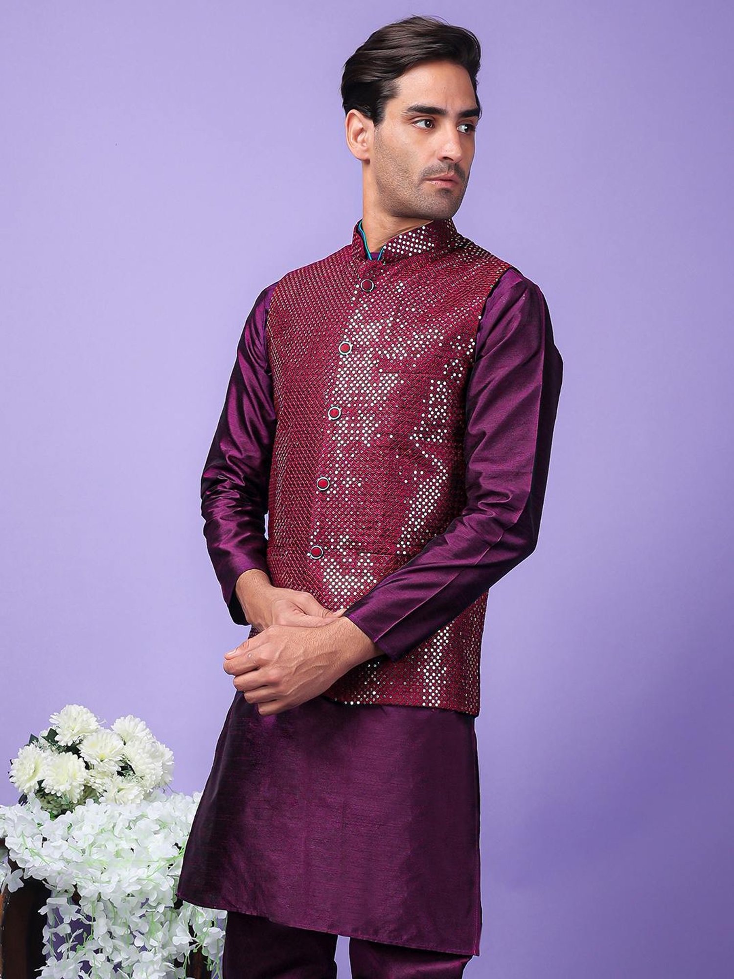 Hangup Purple Regular Fit Embellished Nehru Jacket