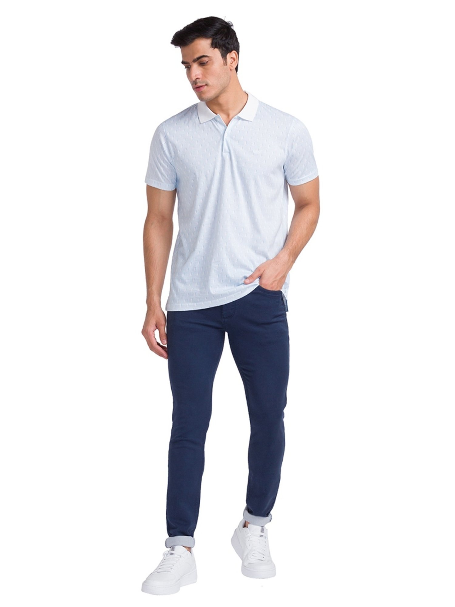 Park Avenue Blue Cotton Slim Fit Printed Polo T-Shirt