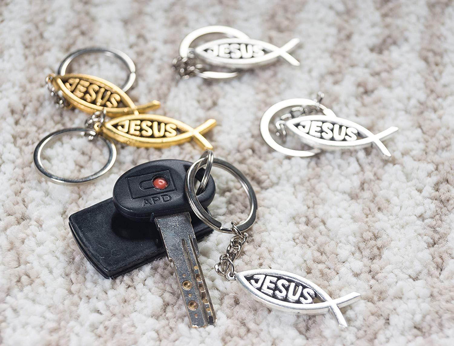 Jesus Fish Keychains - 24-Pack Metal Jesus Fish Key Chains, Jesus Key Rings, Religious Door Car Key Holders, Religious Favors for Christians, Silver and Gold