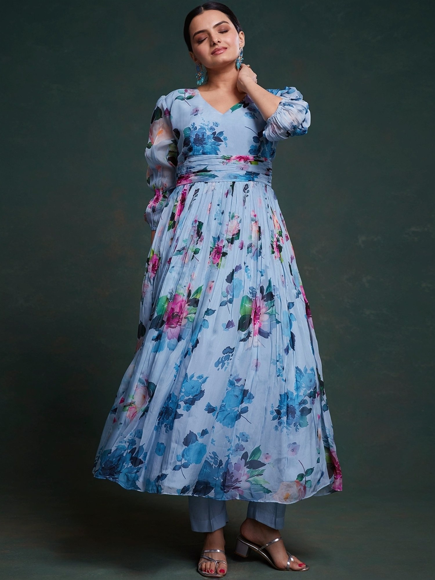 Odette Blue Printed Kurta Pant Set With Dupatta