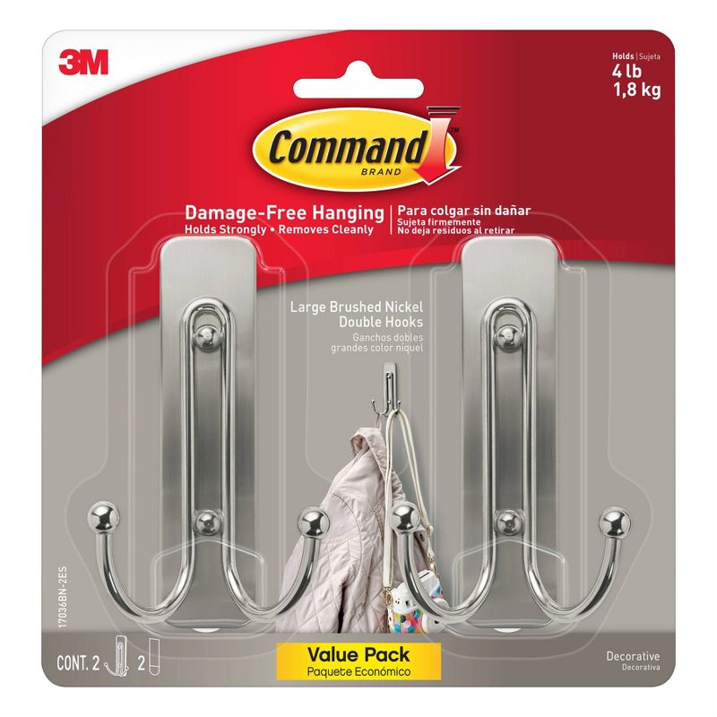 Command Large Sized Double Decorative Hooks Nickel