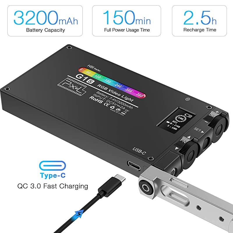 Video Light, 360 &deg; Full Color LED Camera Light, Dimmable 2500K-8500K Portable Pocket Size Camera Lighting, 12 Lighting Effect Mode, Built-in 3200mAh Rechargeable Battery