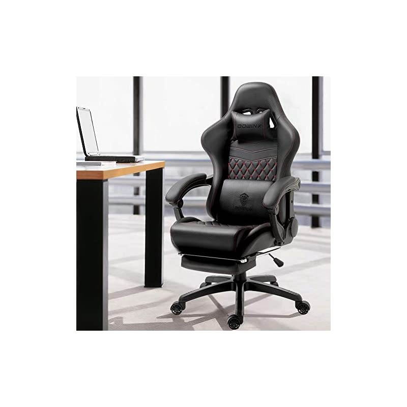 Gaming Chair Office Chair PC Chair with Massage Lumbar Support, Racing Style PU Leather High Back Adjustable Swivel Task Chair with Footrest (Black&Red)