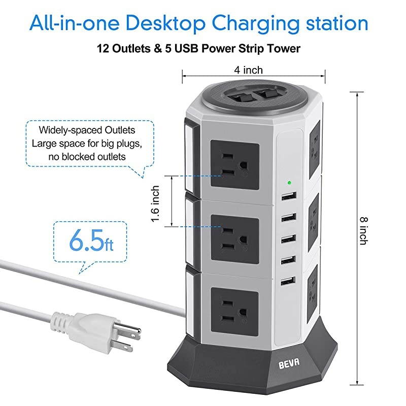 Surge Protector Desktop Power Strip Tower- 12 AC Outlets 5 USB Ports Charging Station 1875W/15A, 1050 Joules Multi Protection with 6.5ft Heavy Duty Long Extension Cord for Home Office ETL Listed