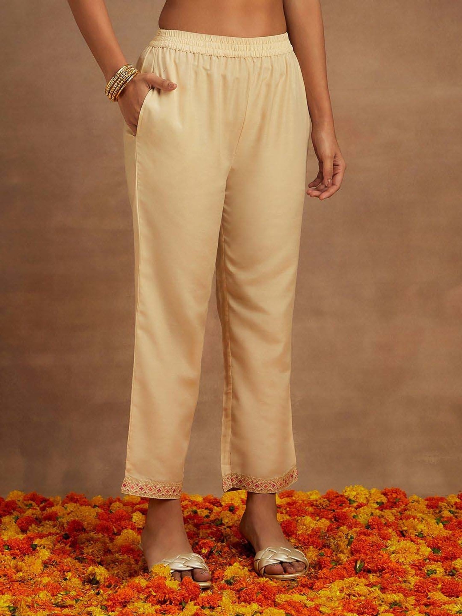 Libas Beige Woven Pattern Kurta Pant Set With Dupatta