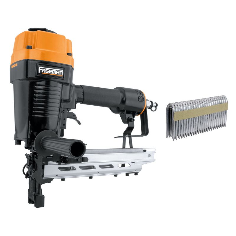 Freeman PFS9 Pneumatic 9-Gauge 2-Inch Ergonomic and Lightweight Fencing Stapler with Quick Release and 1000 9 Gauge 2 Inch Nails Box, Orange