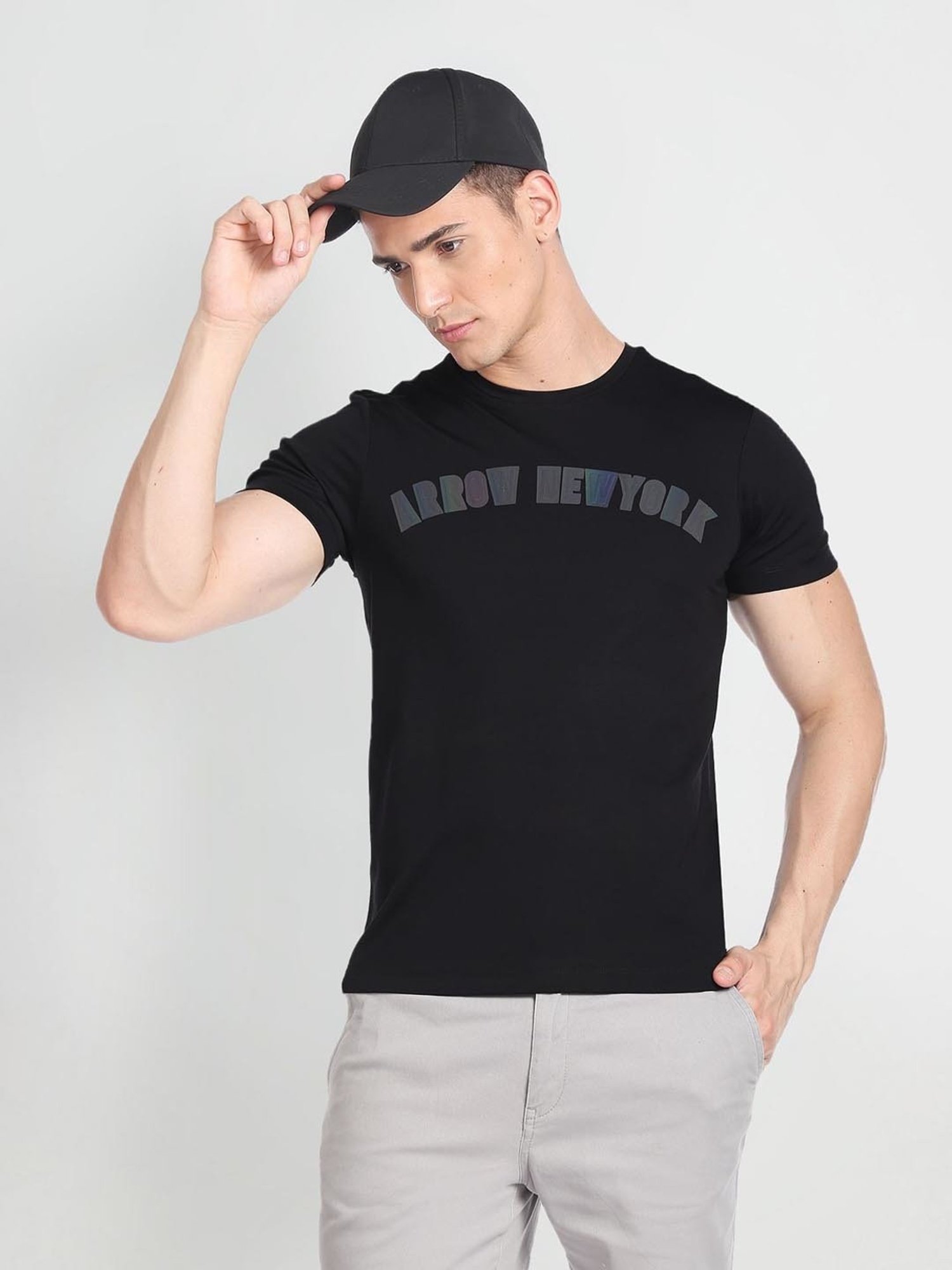 Arrow New York Black Cotton Regular Fit Printed T-Shirt