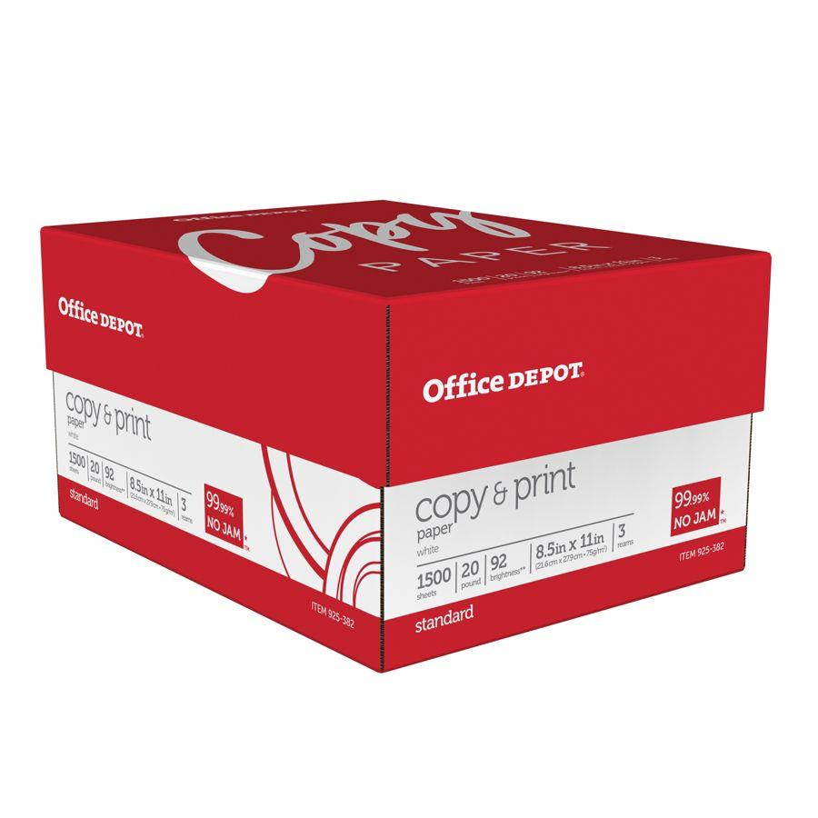 Office Depot Copy  Print Paper, 8 1/2in. x 11in., 20 Lb, Bright White, 500 Sheets Per Ream, Case Of 3 Reams, 1008
