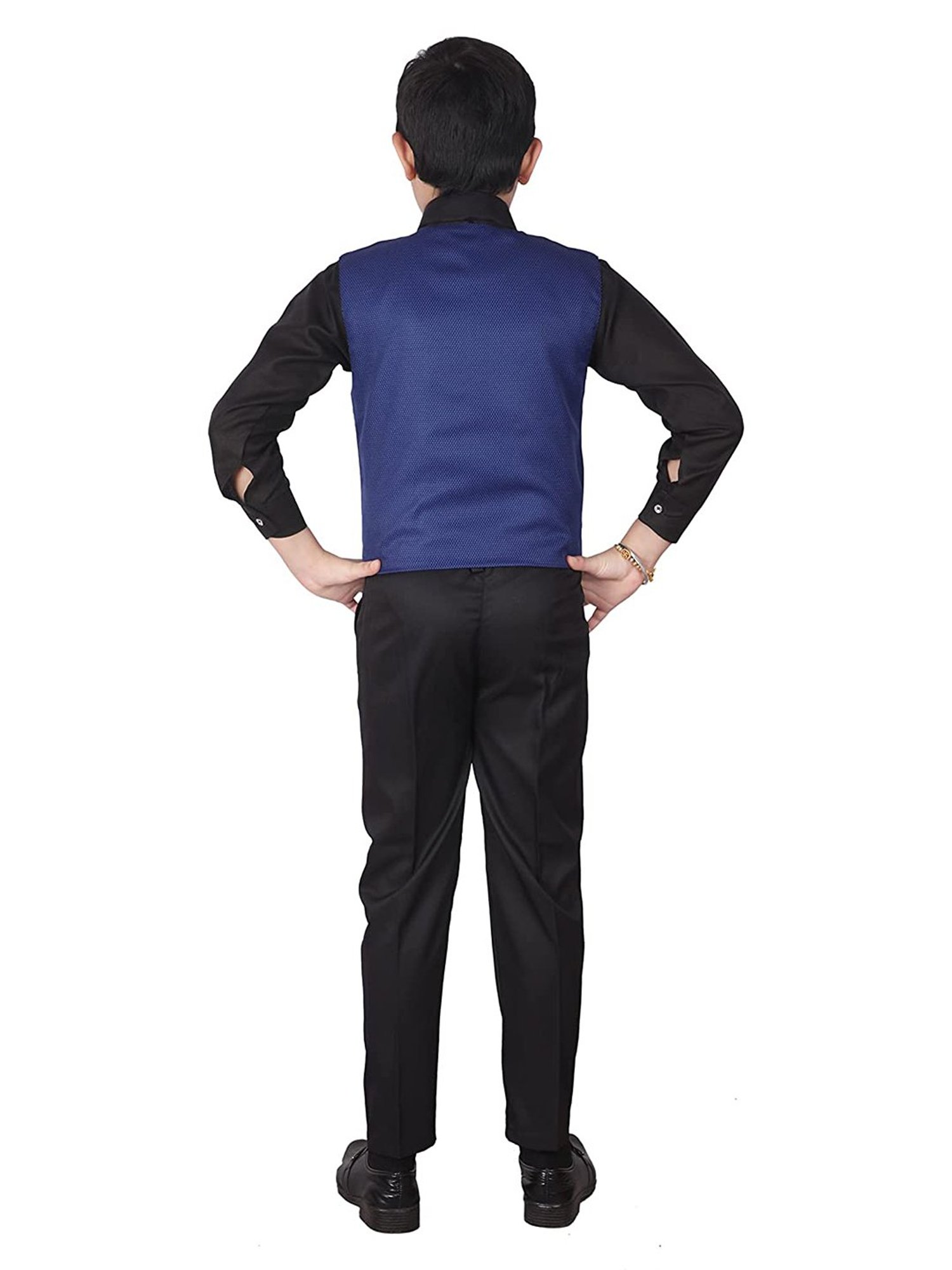 Pro-Ethic Style Developer Kids Navy & Black Printed Full Sleeves Shirt, Waistcoat, Pants with Bow