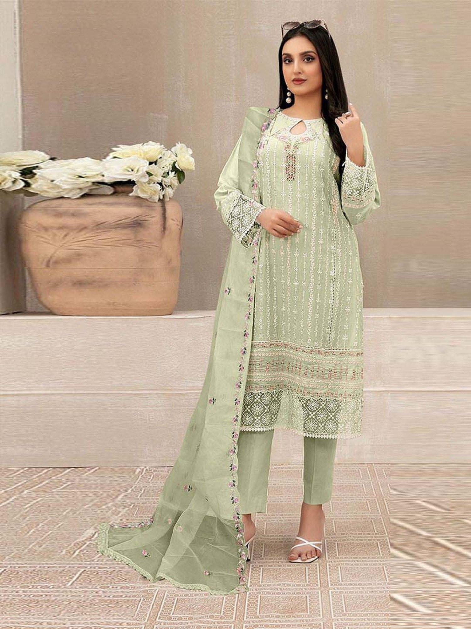 Odette Green Embroidered Semi Stitched Dress Material