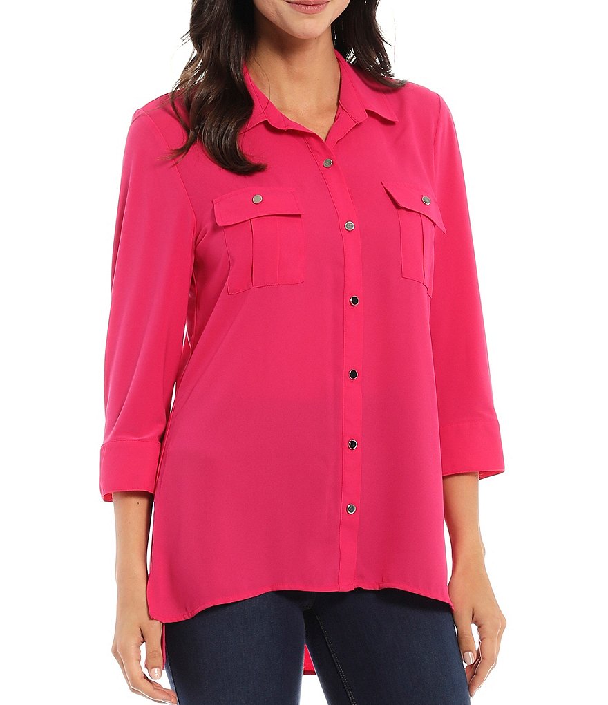 Slim Factor by Investments Bridget 3/4 Sleeve Button Front Hi-Low Top