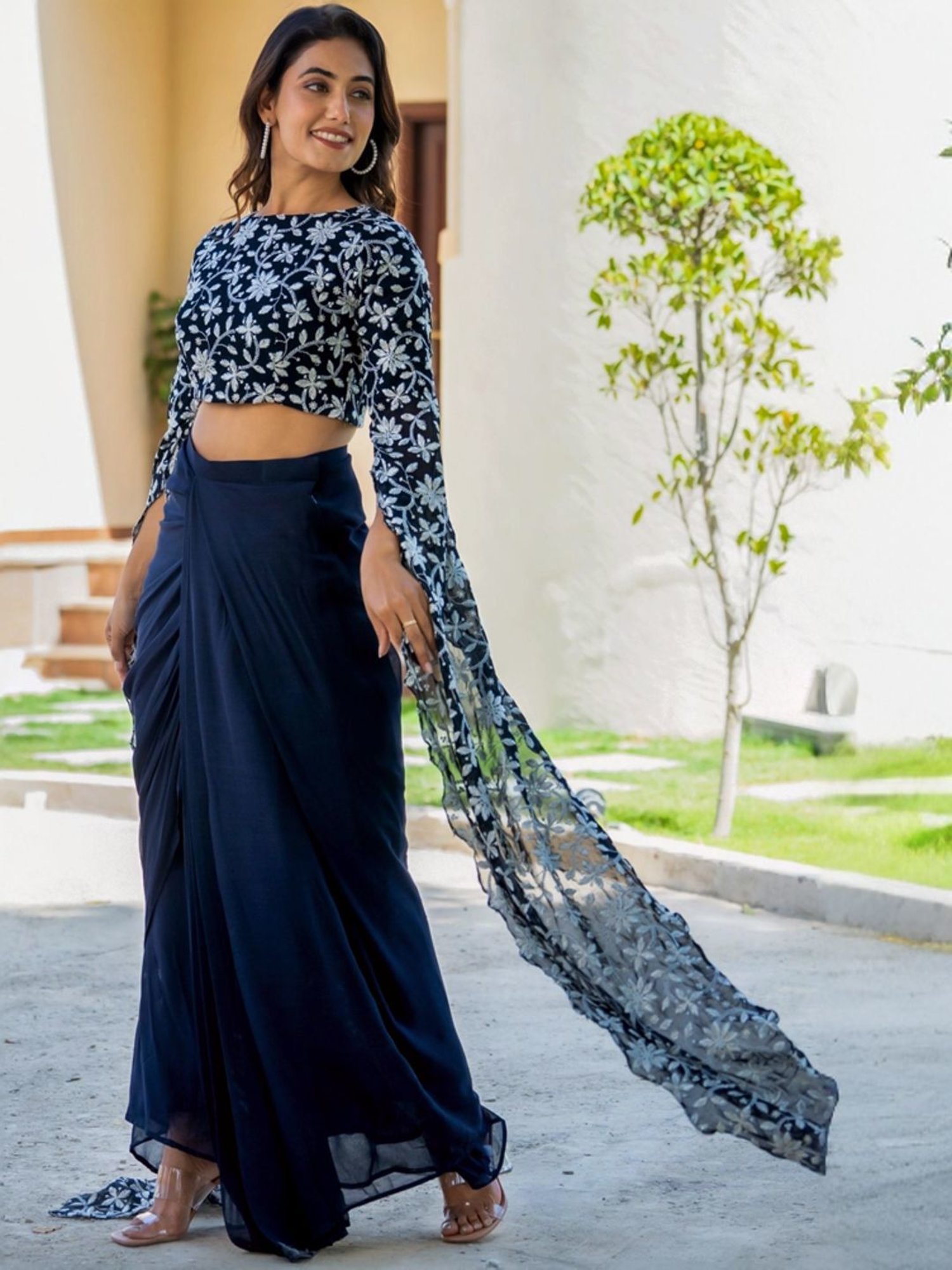 HOUSE OF JAMOTI Navy Embroidered Crop Top Skirt Set