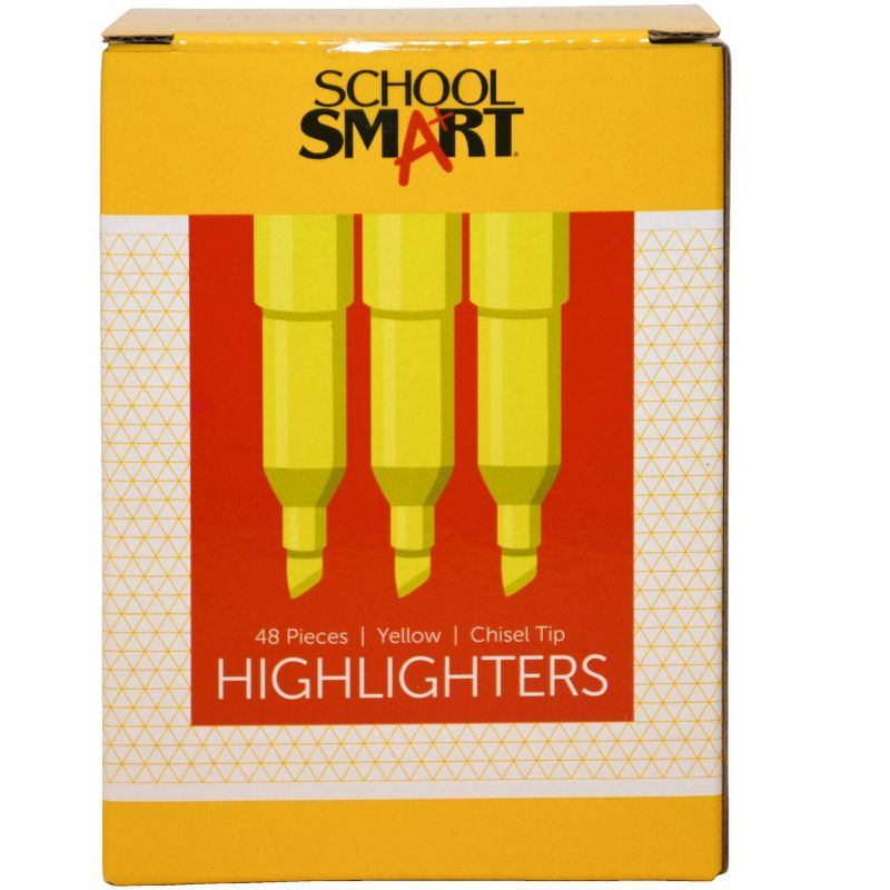 School Smart Highlighter, Chisel Tip, Pen Style, Yellow, pk of 48