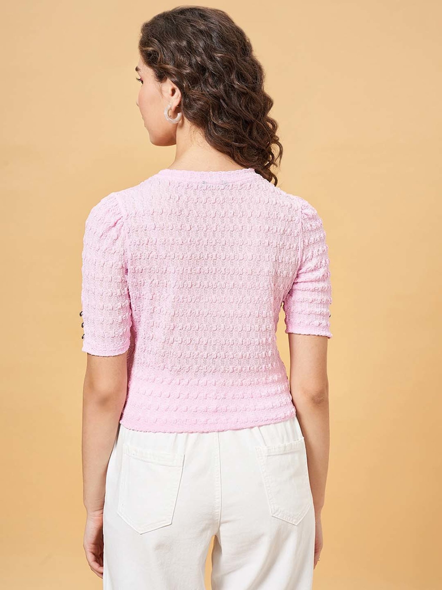 People by Pantaloons Pink Self Pattern Top