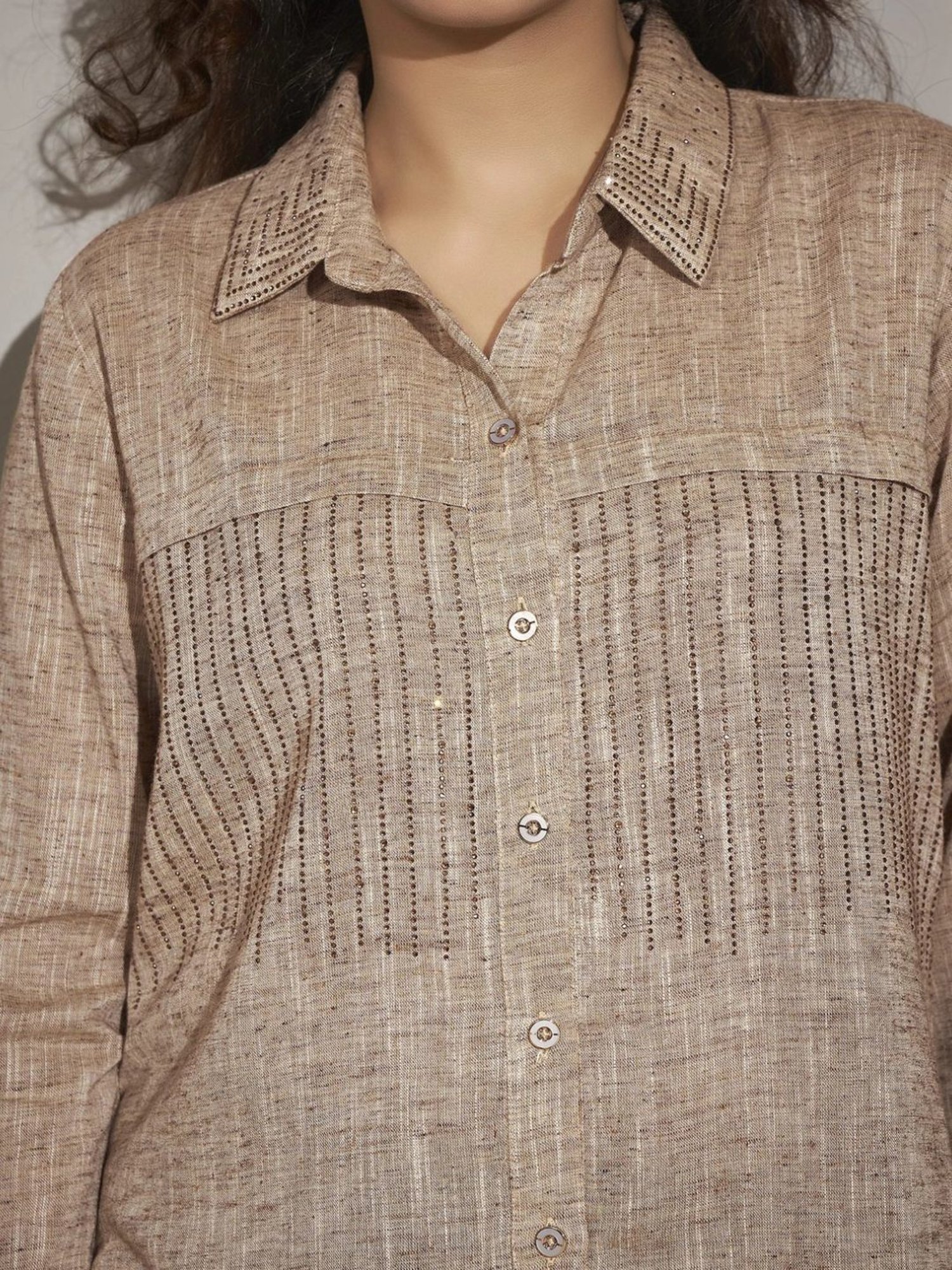 Kaftanize Beige Cotton-Linen Shirt with Geometric Rhinestone Decorations