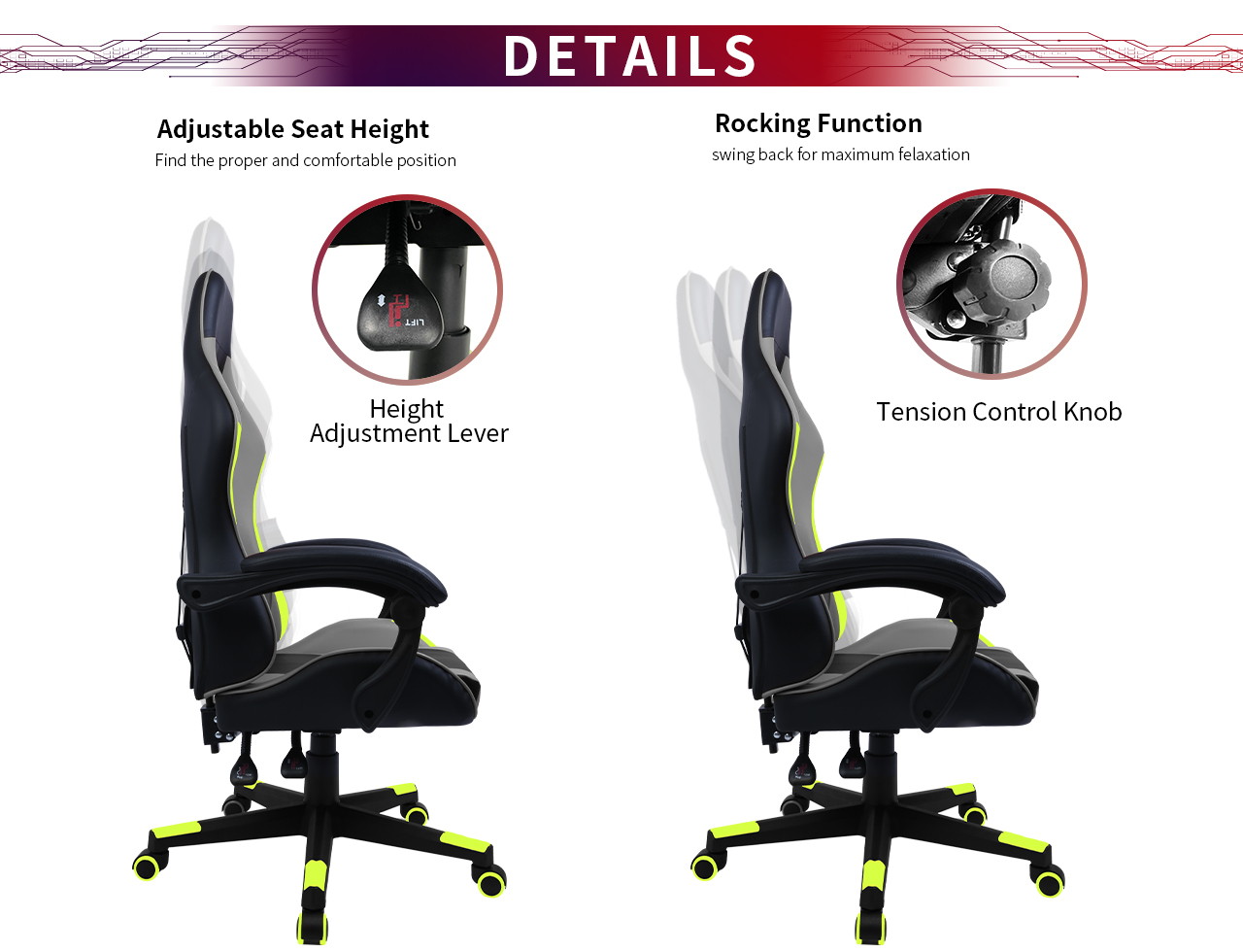 GIAS Gaming Chair Racing Style Ergonomic High Back Computer Chair With Adjustable Headrest and Lumbar Support Swivel Office Chair, Seat Height Adjustable,Black/Green