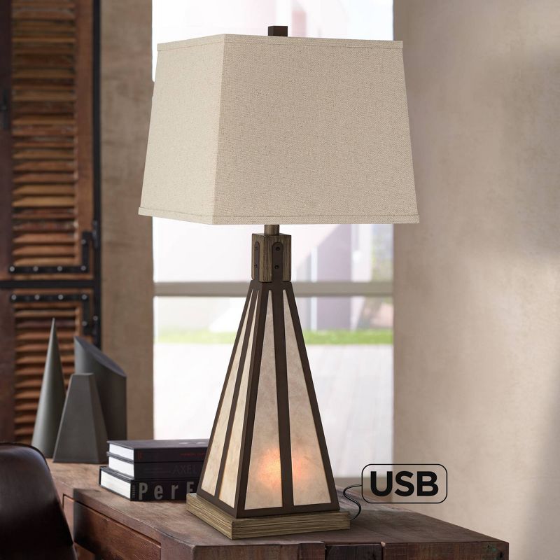 Franklin Iron Works Rustic Industrial Table Lamp with USB Port Nightlight Oiled Bronze Mica Tapered Rectangular Burlap Living Room