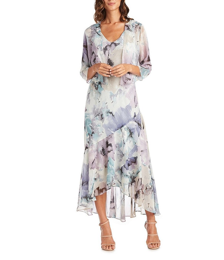 R & M Richards Petite Size Watercolor Printed Chiffon 2-Piece Jacket Dress