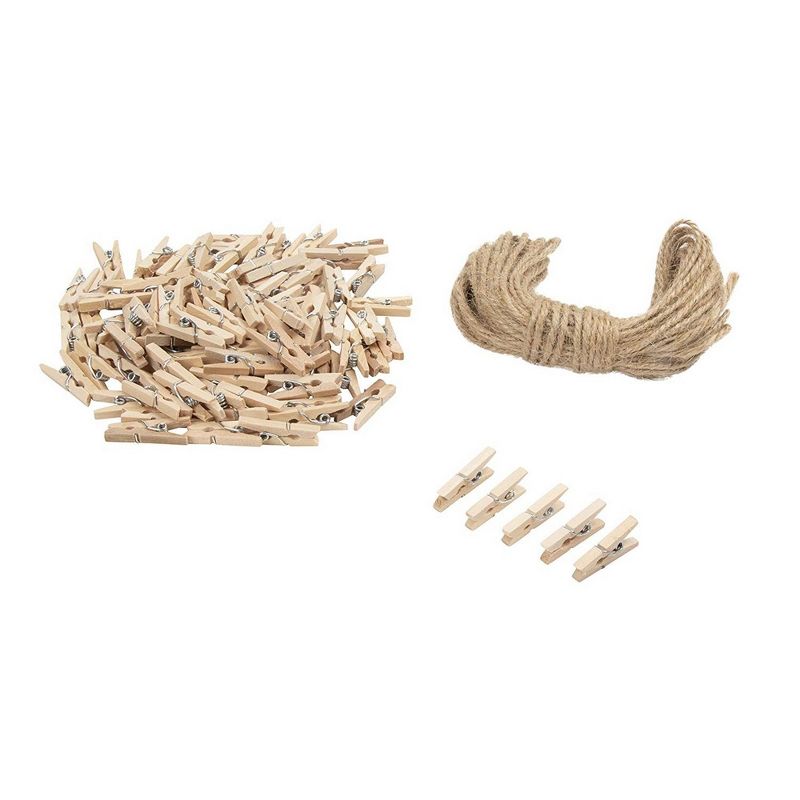 100-Count Juvale Mini Wooden Clothes Pins with 10.8 Yard Jute Twine, Tiny 0.98" Unfinished Wood Clothespins Photo Pegs for Postcards, Pictures