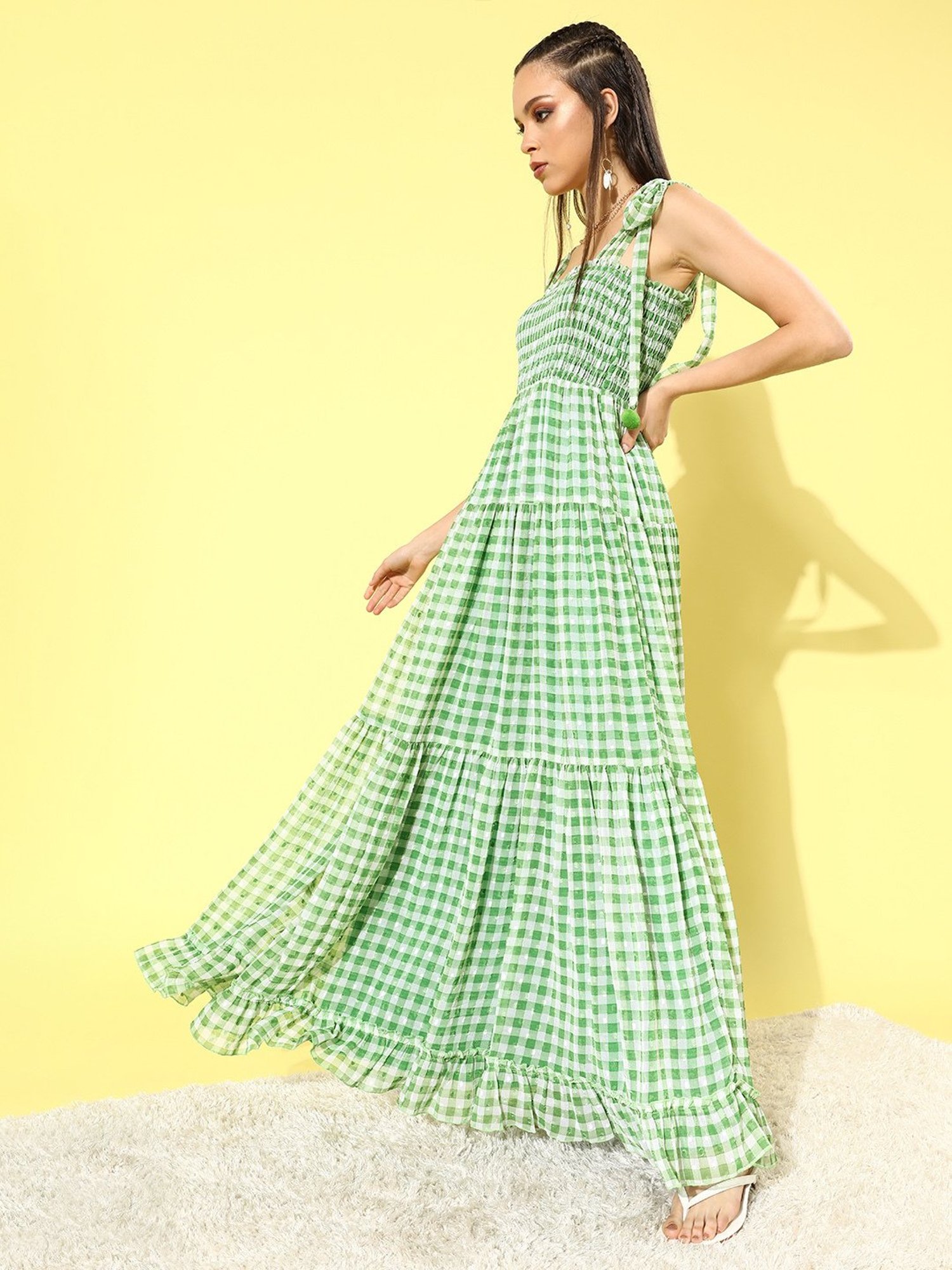 QUIERO Green Checks Fit & Flare Dress