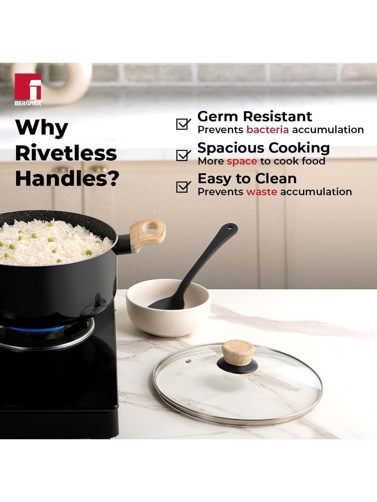 Bergner Bellini & Aura Black 20 cm Induction Cook And Serve Casserole With Wooden Finish Handle