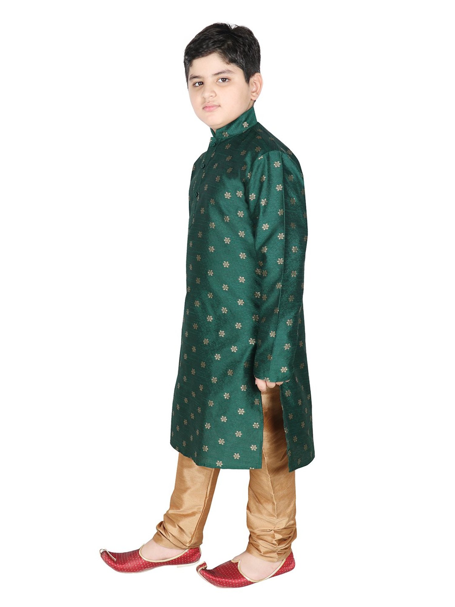 SG Yuvraj Kids Green & Gold Embroidered Full Sleeves Kurta with Pyjamas