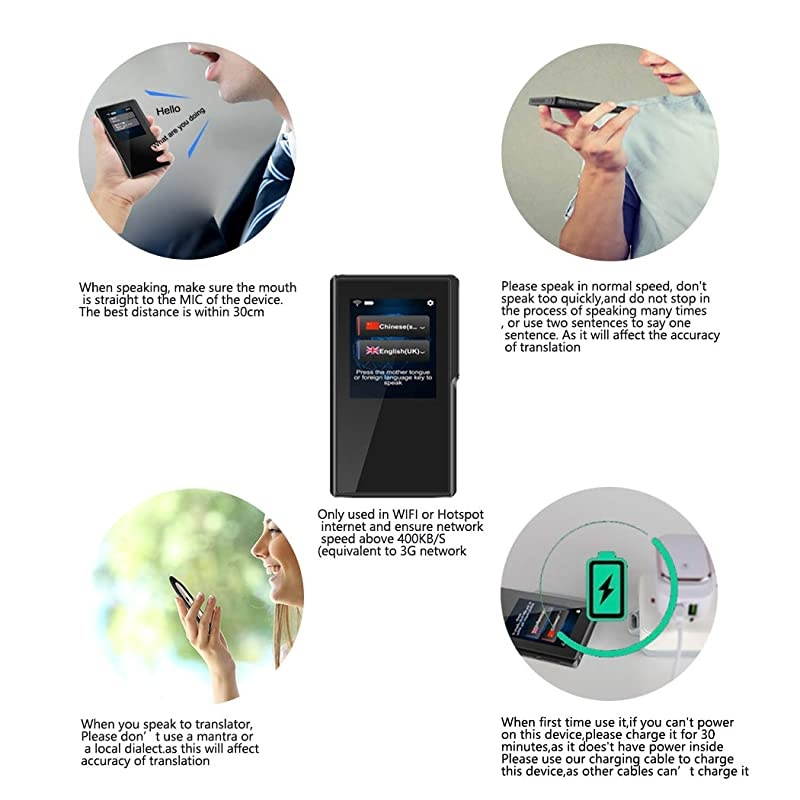 Device with 2.4 Inch High Definition Toch Screen Support 70 Languages Smart Voice for Travelling Abroad Learning Off-Line Shopping Business Chat Recording Translations