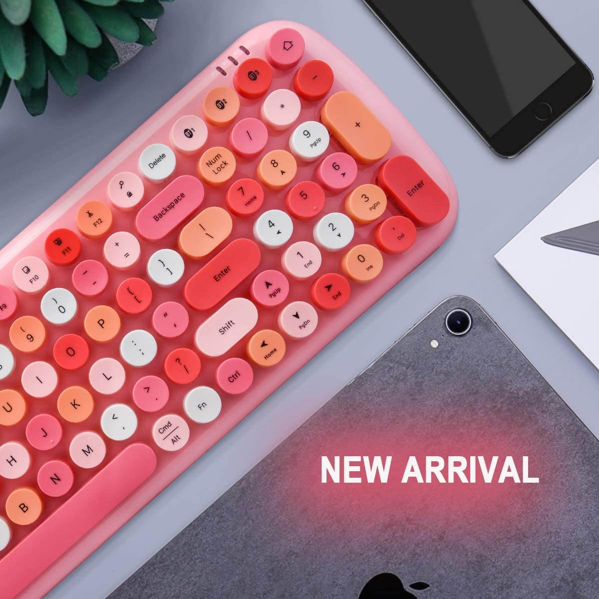 Wireless Bluetooth Keyboard, Typewriter Retro Round Keycaps Keyboard, Bluetooth 5.1 Tech Compatible with iPhone, iPad, Android, Windows, PC, Mac, Perfect for Home Game Office (Pink Colorful)