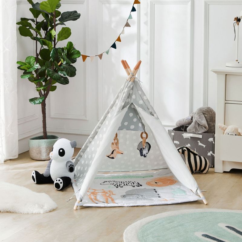 Wonder&Wise Indoor Baby Toddler Childrens Foldable Canvas Activity Toy Teepee Play Tent House with Safari Animal Floor Mat for Ages 6 Months and Up
