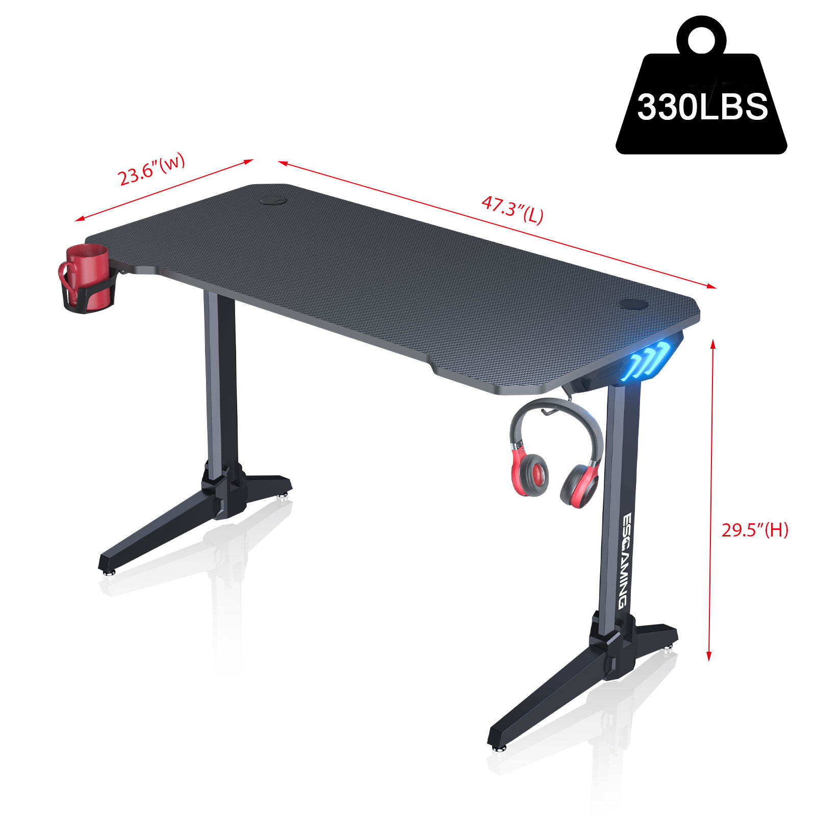ESGAMING 55.2 Inch RGB light strip Gaming Desk  PC Computer Desk Y-shaped Table Home Office Desk with over-size full black Mouse Pad, Free Headphone Hook, Gaming Handle Rack and Cup Holder (Black)
