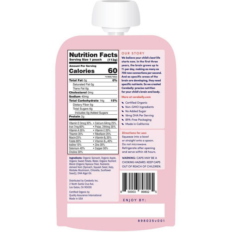 Cerebelly Clean Label Project Purity Award Winning  Spinach Apple Sweet Potato Organic Baby Food Pouch - 4oz