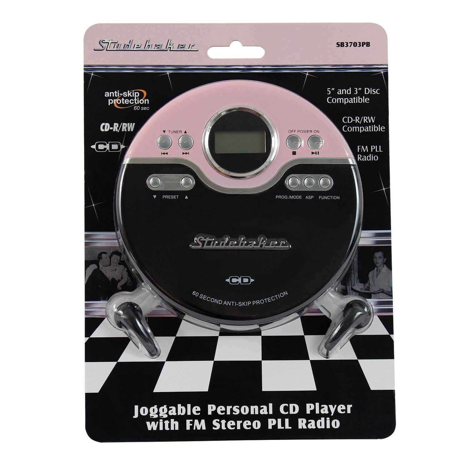 Studebaker SB3703PB Retro Joggable Personal AM/FM CD Player - Pink/Black
