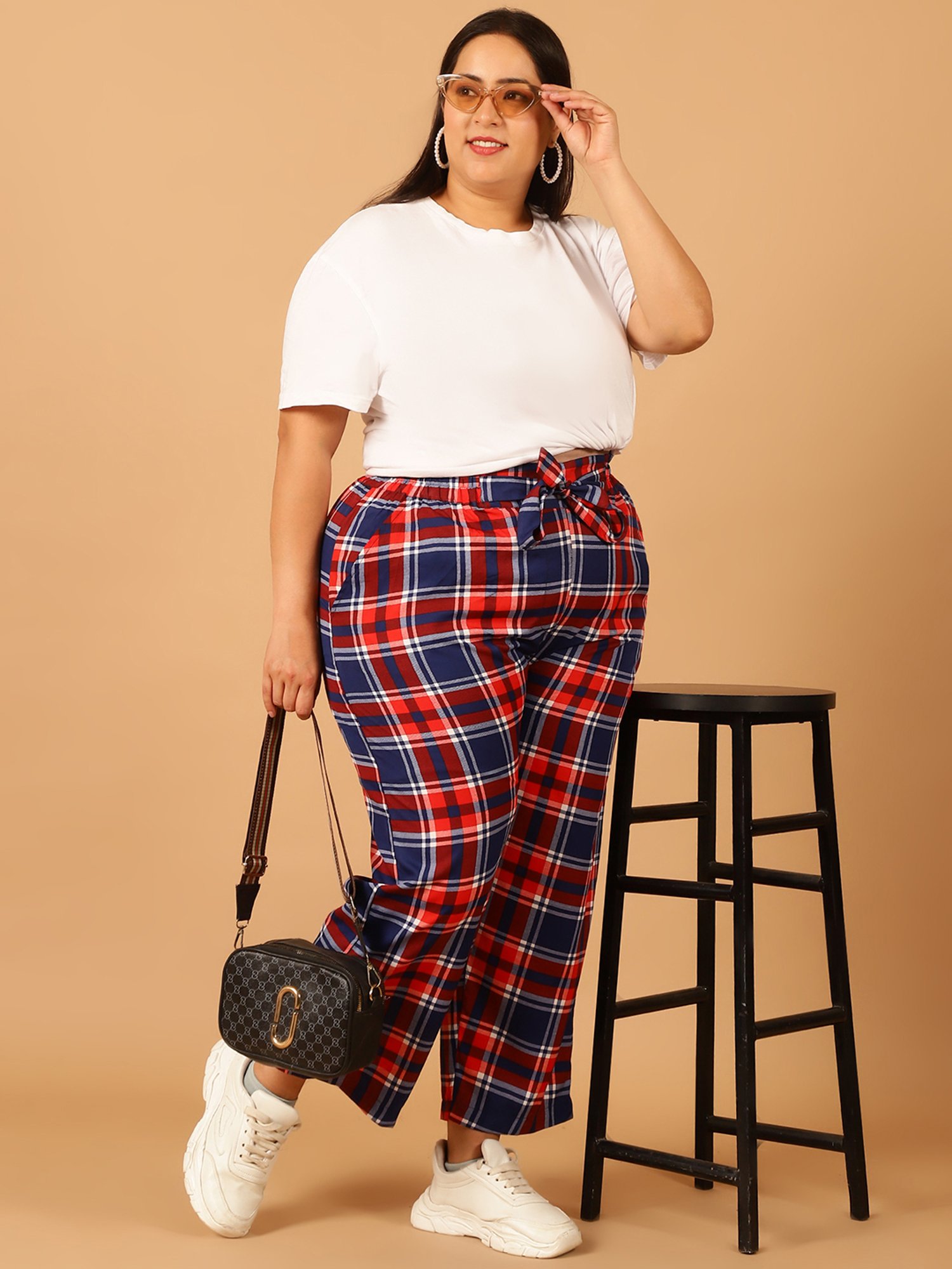 Moms Maternity Red & Blue Check Regular Fit Mid Rise Plus Size Trousers