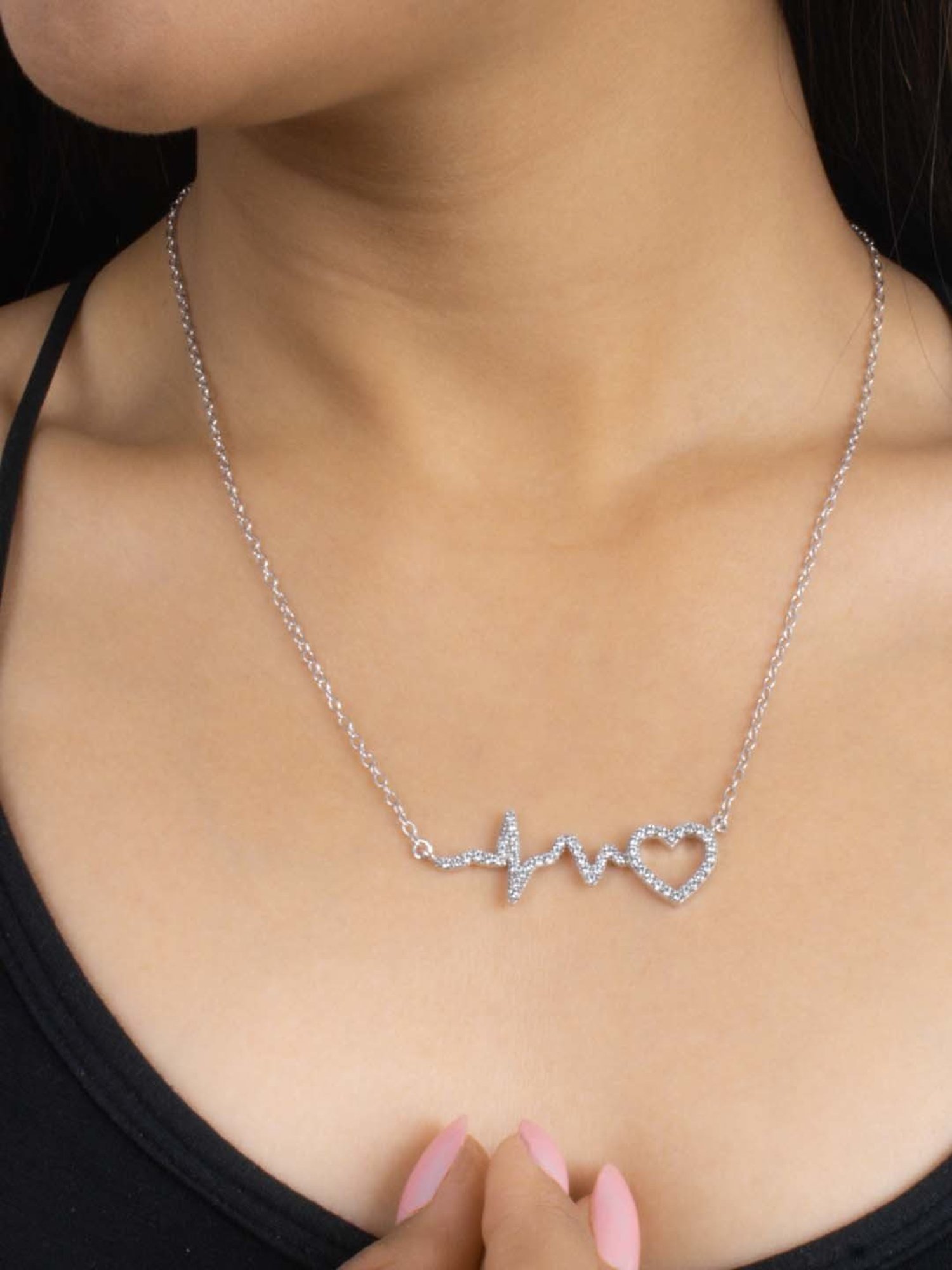 925 Silver American Diamond Heart Beat Necklace with 18-inch Chain for Women & Girls