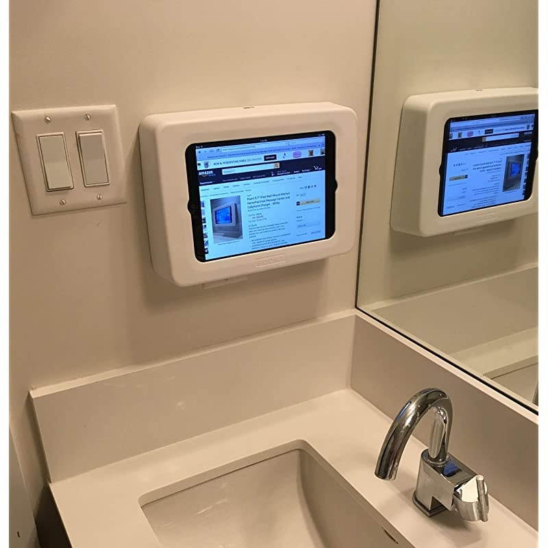 Wall Mount for 10" iPad Includes TWS Wireless Ear Buds, Dual Chargers and Cables, Easy Damage-Free Installation, Hides Outlet - Chalk White