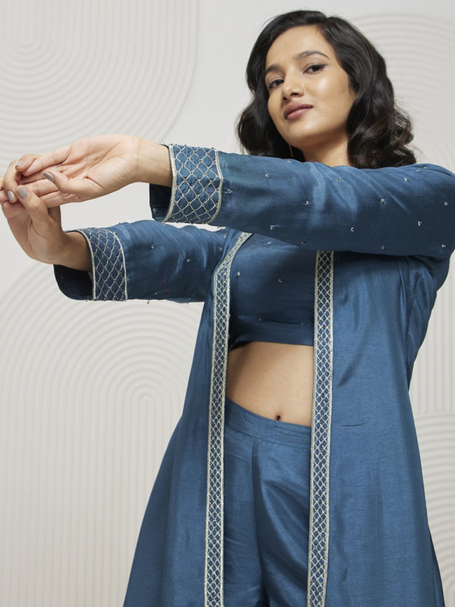 Artagai Liason Blue Romancing Aari Crop Top And Wide Leg Trousers With Midi-Jacket