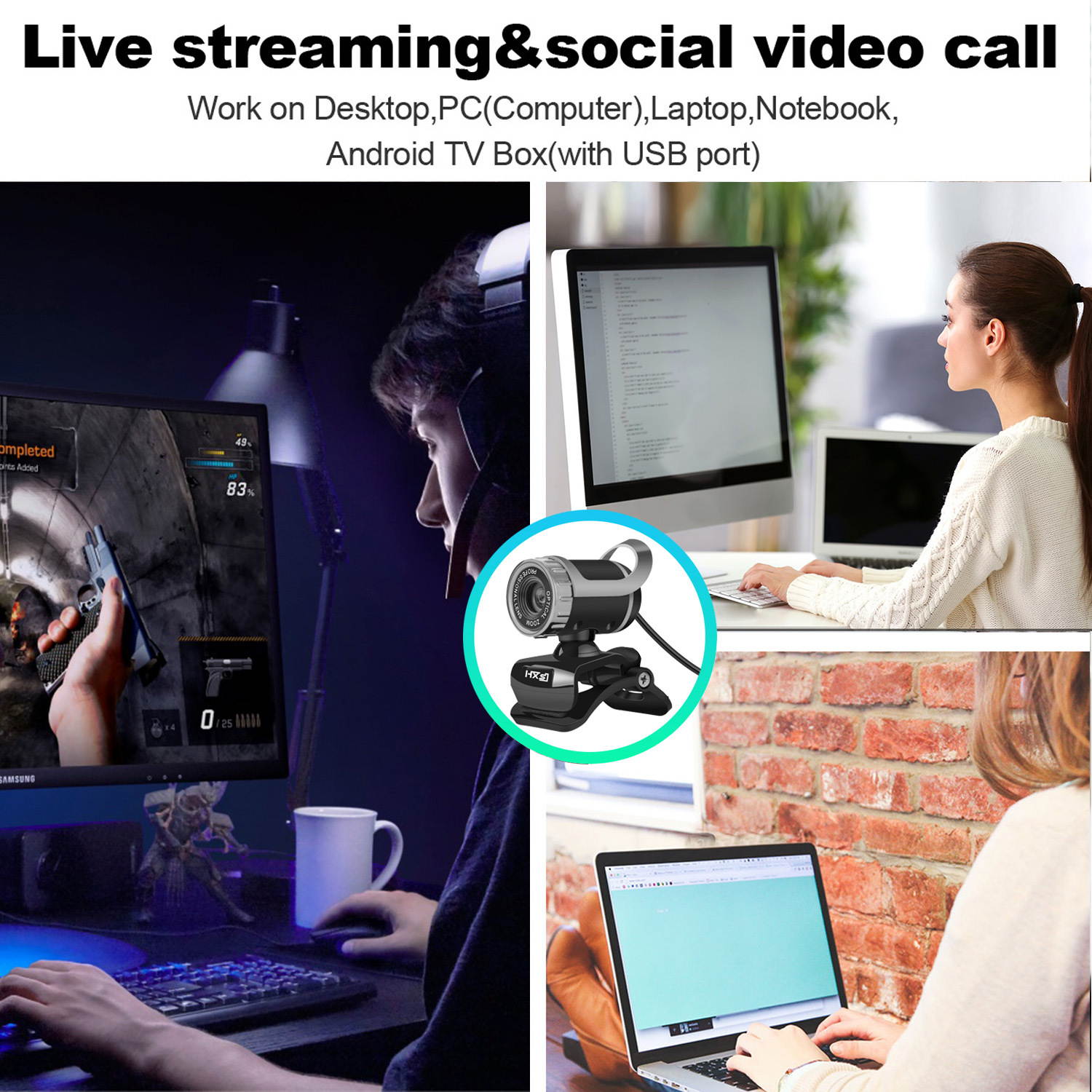 HXSJ S9 FULL HD 1080P Desktop Webcam USB Camera Web Camera Built-in Microphone Video Call Webcam for PC Laptop Desktop Computer (Black & Silver)