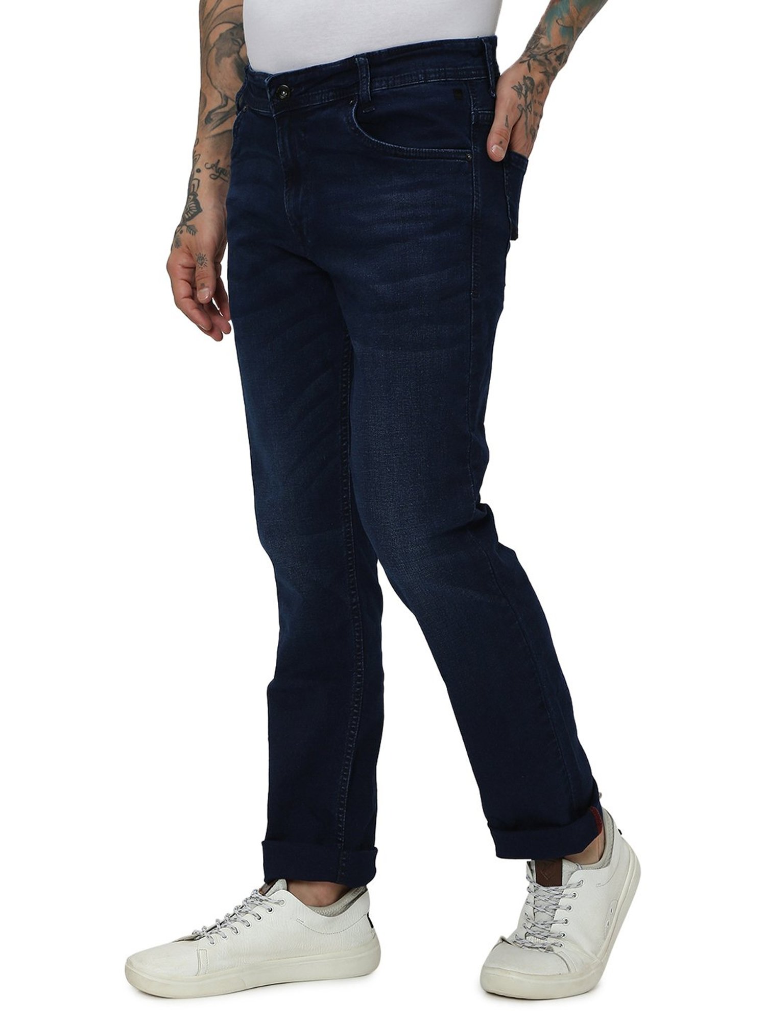Mufti Dark Blue Straight Fit Lightly Washed Jeans