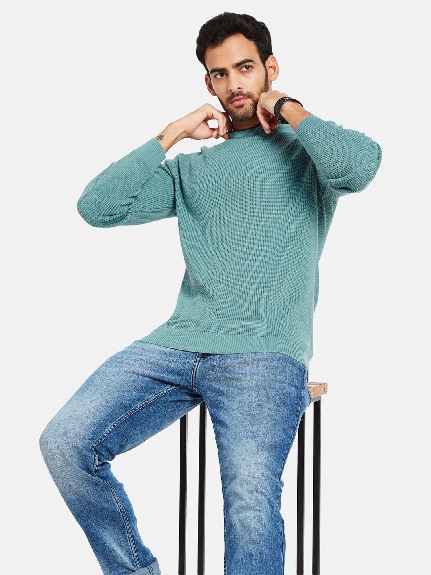METTLE Nile Blue Cotton Regular Fit Sweater