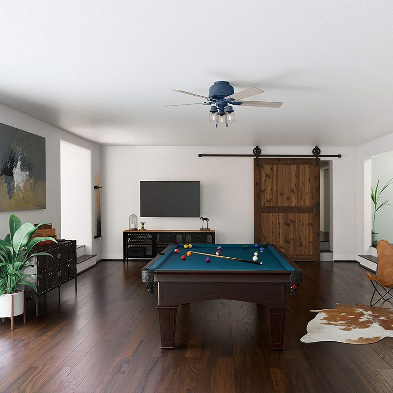 Hunter Fan Company Hartland Low Profile 52" Indoor Home Ultra Quiet Ceiling Fan w/ Light Gray Oak Blades, Pull Chain, & LED Lights, Indigo Blue