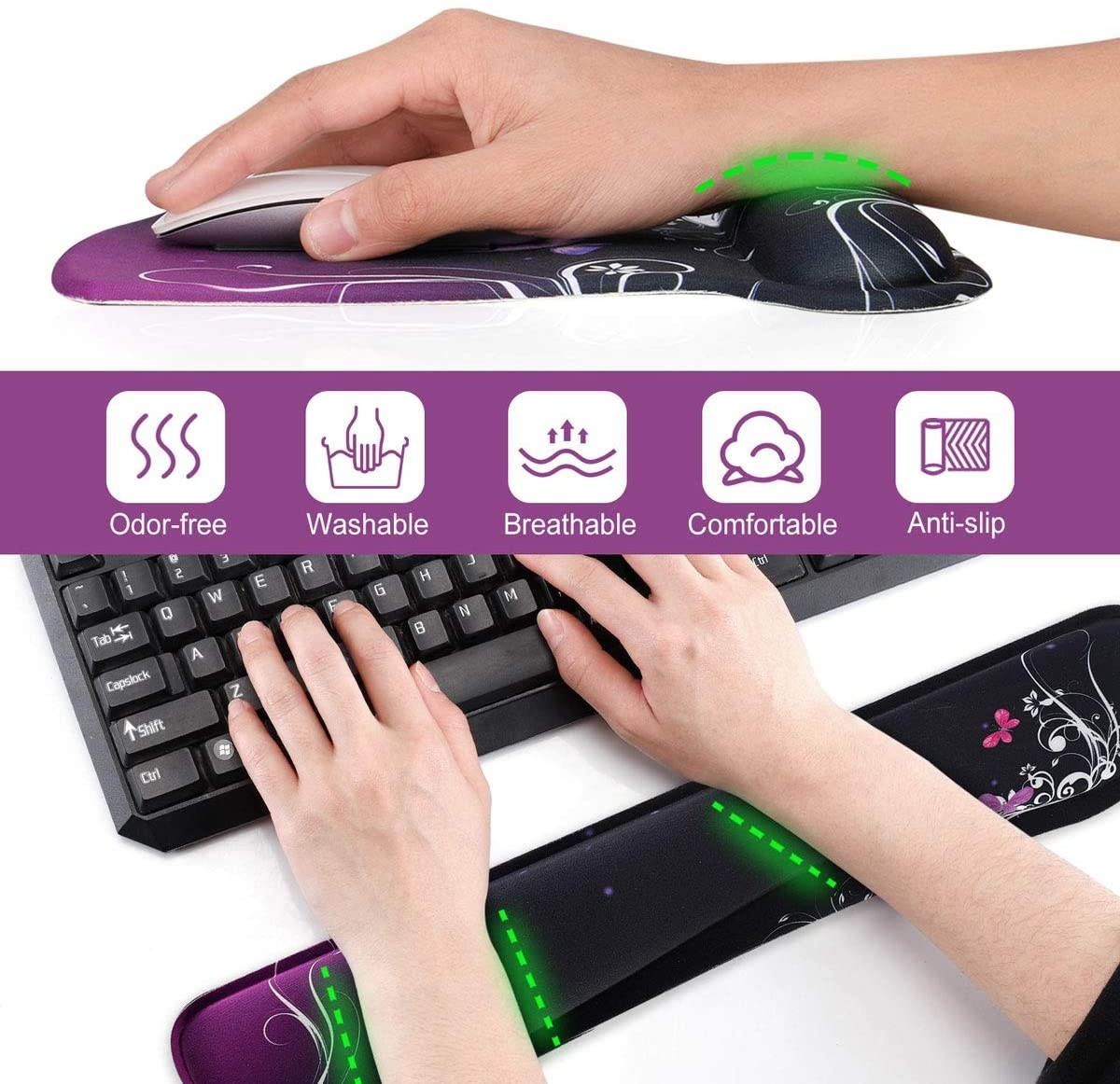 Keyboard Wrist Rest Pad Ergonomic Mouse Pad Set ToLuLu Mouse Pad for Computer Laptop Non Slip Mousepad Keyboard Wrist Support with Raised Memory Foam for Easy Typing Pain Relief Purple Butterfly